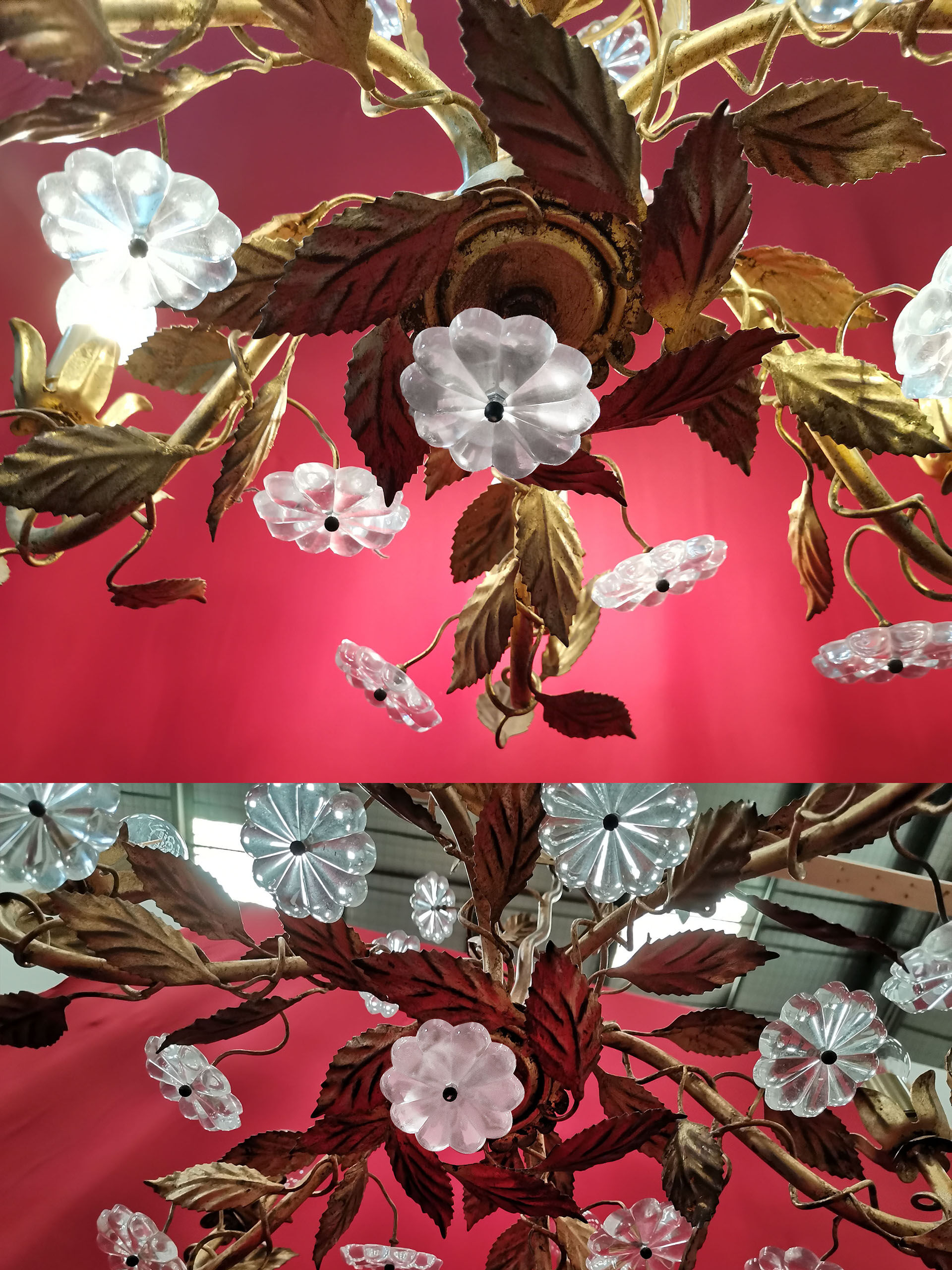 Lustre au feuillage doré et pampilles