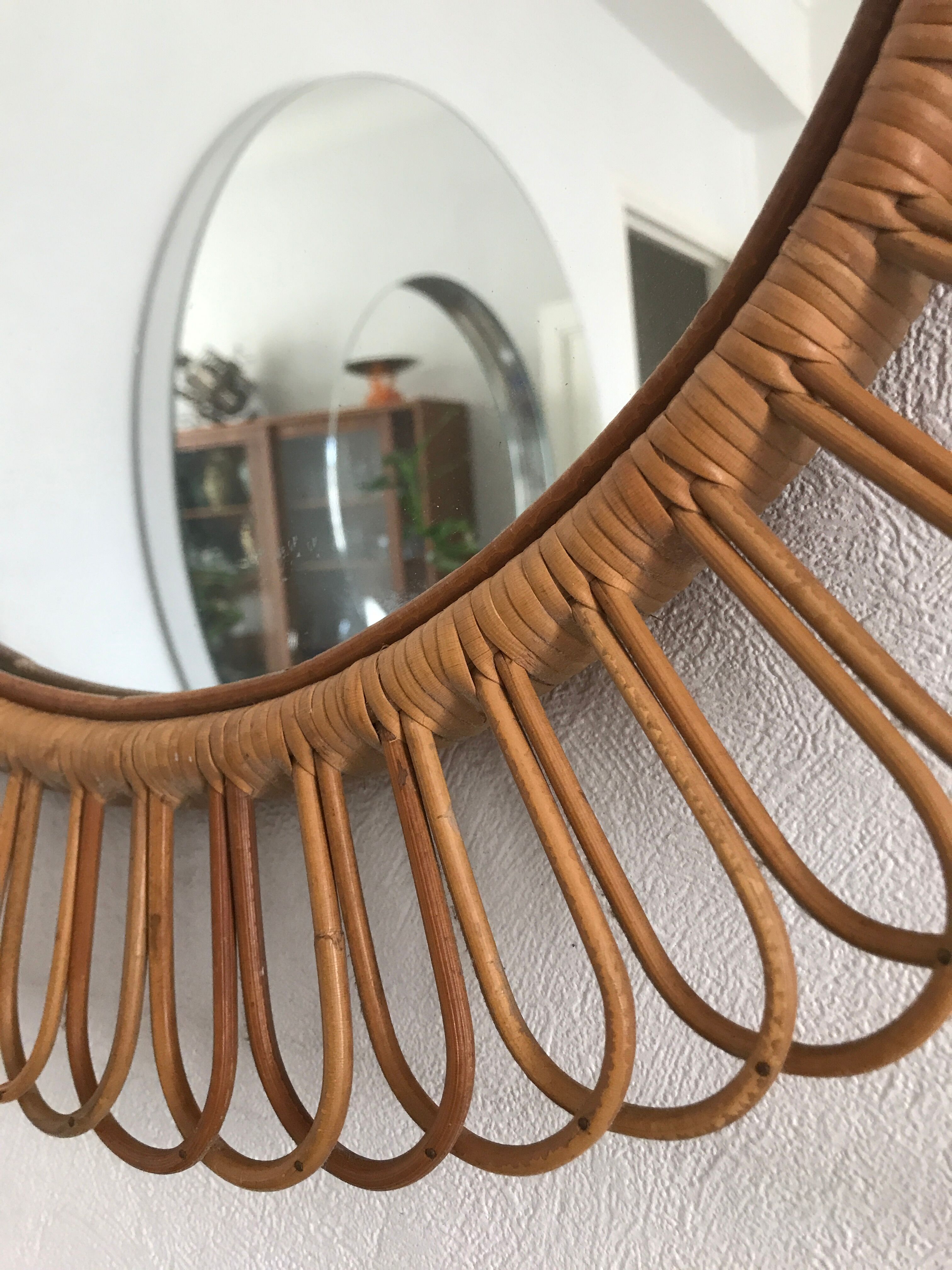 Vintage rattan log mirror diam 60 cm year 1960