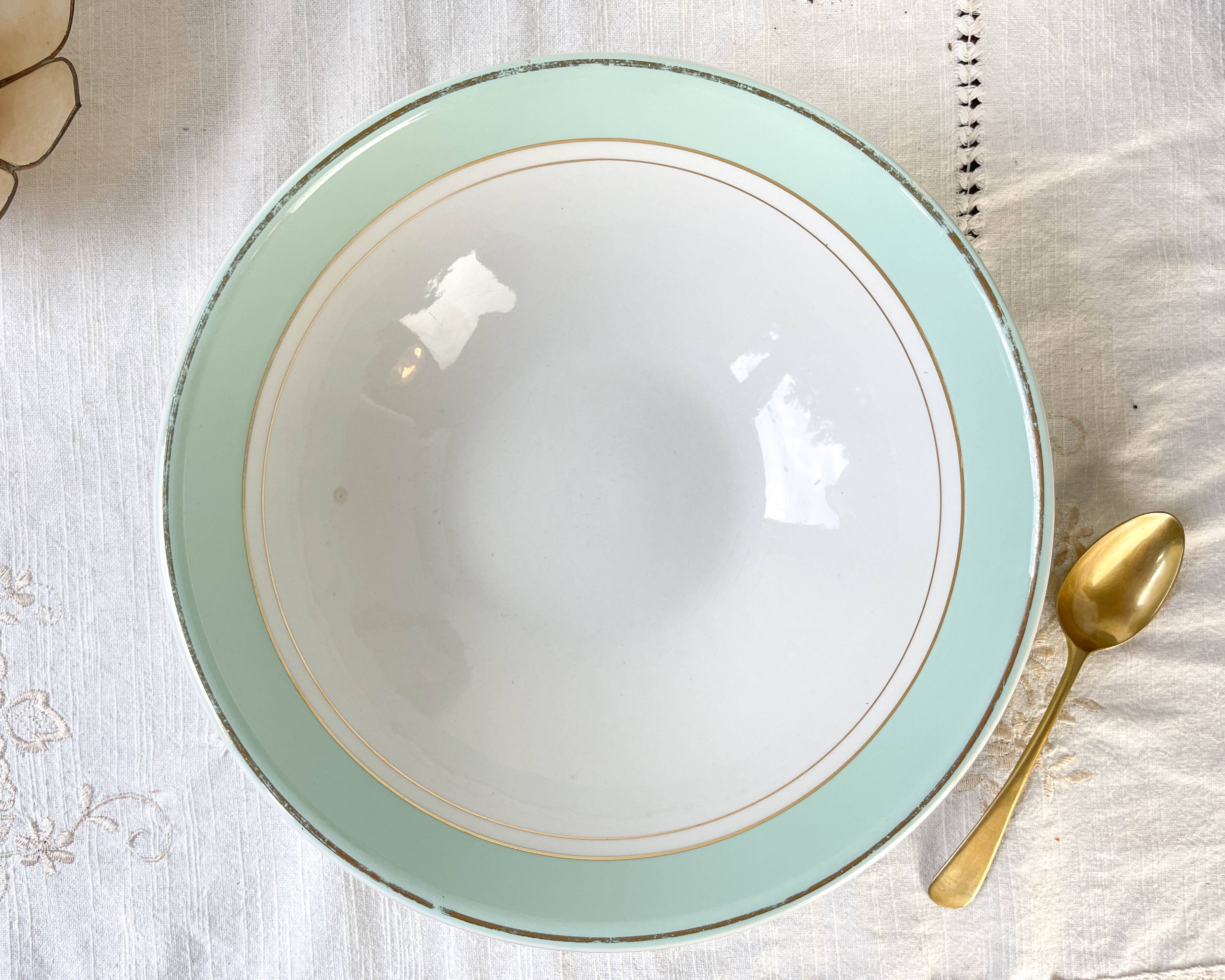 Vintage white and green porcelain salad bowl, Luneville, Epinay, France, 1950s