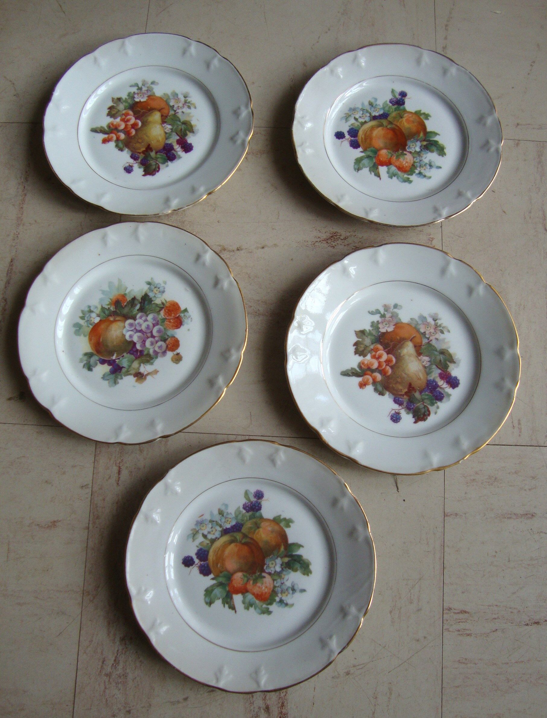 Set of 5 antique Limoges porcelain plates L.J.V with fruit decoration