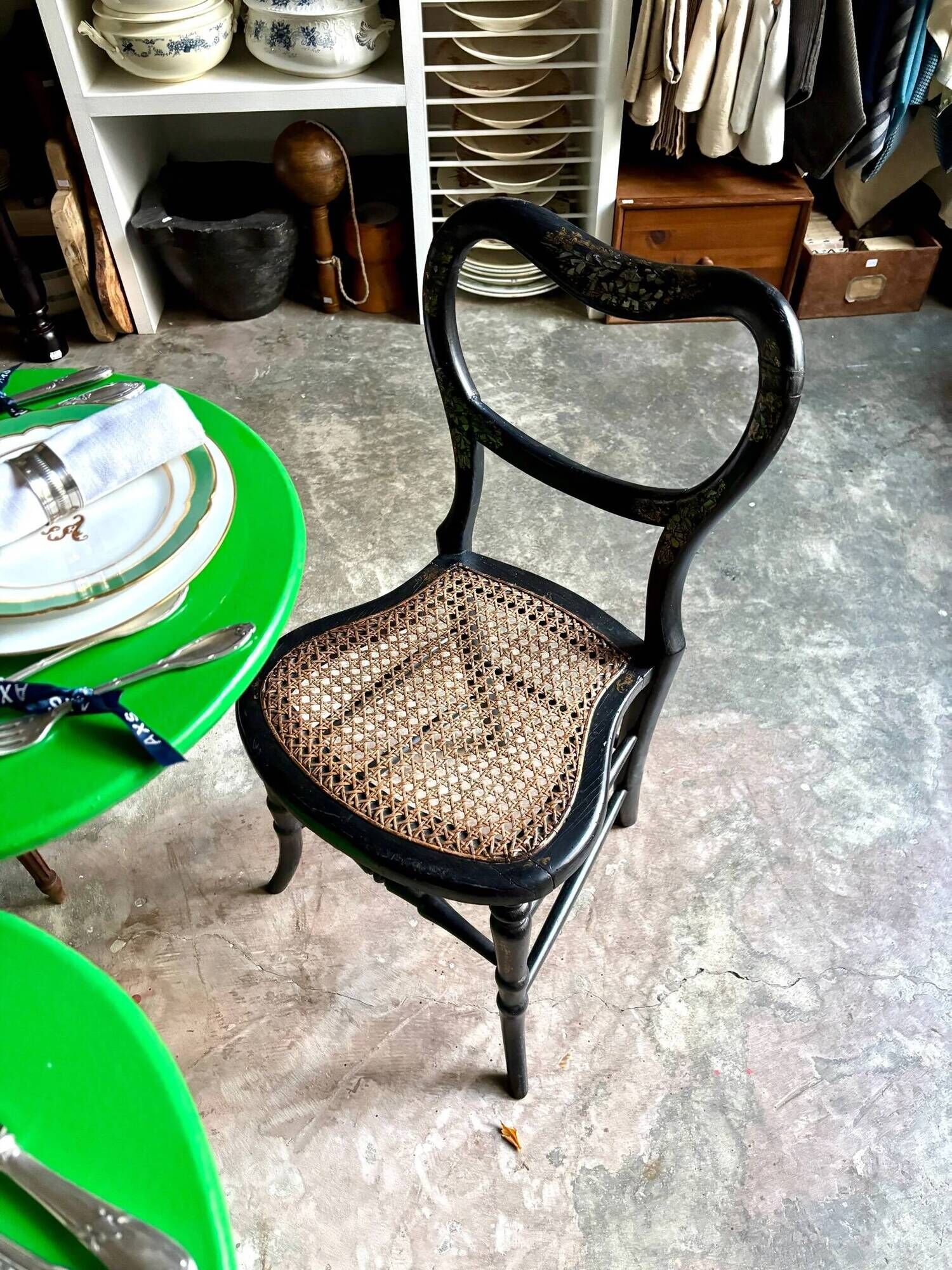 Napoleon III chair in black wood, mother-of-pearl and caning no. 1