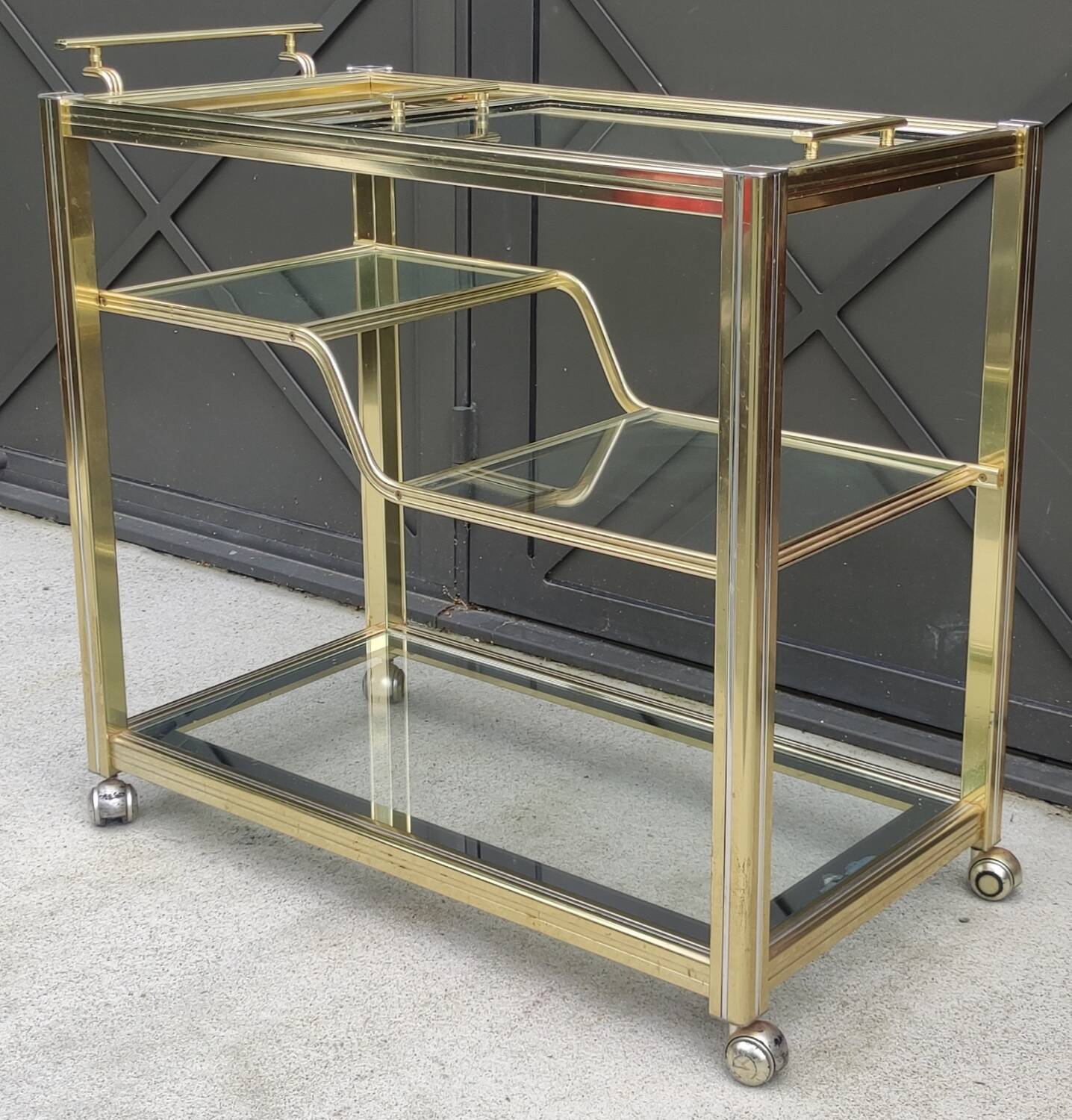 Rolling bar cart, gold-tone metal design, 1970s