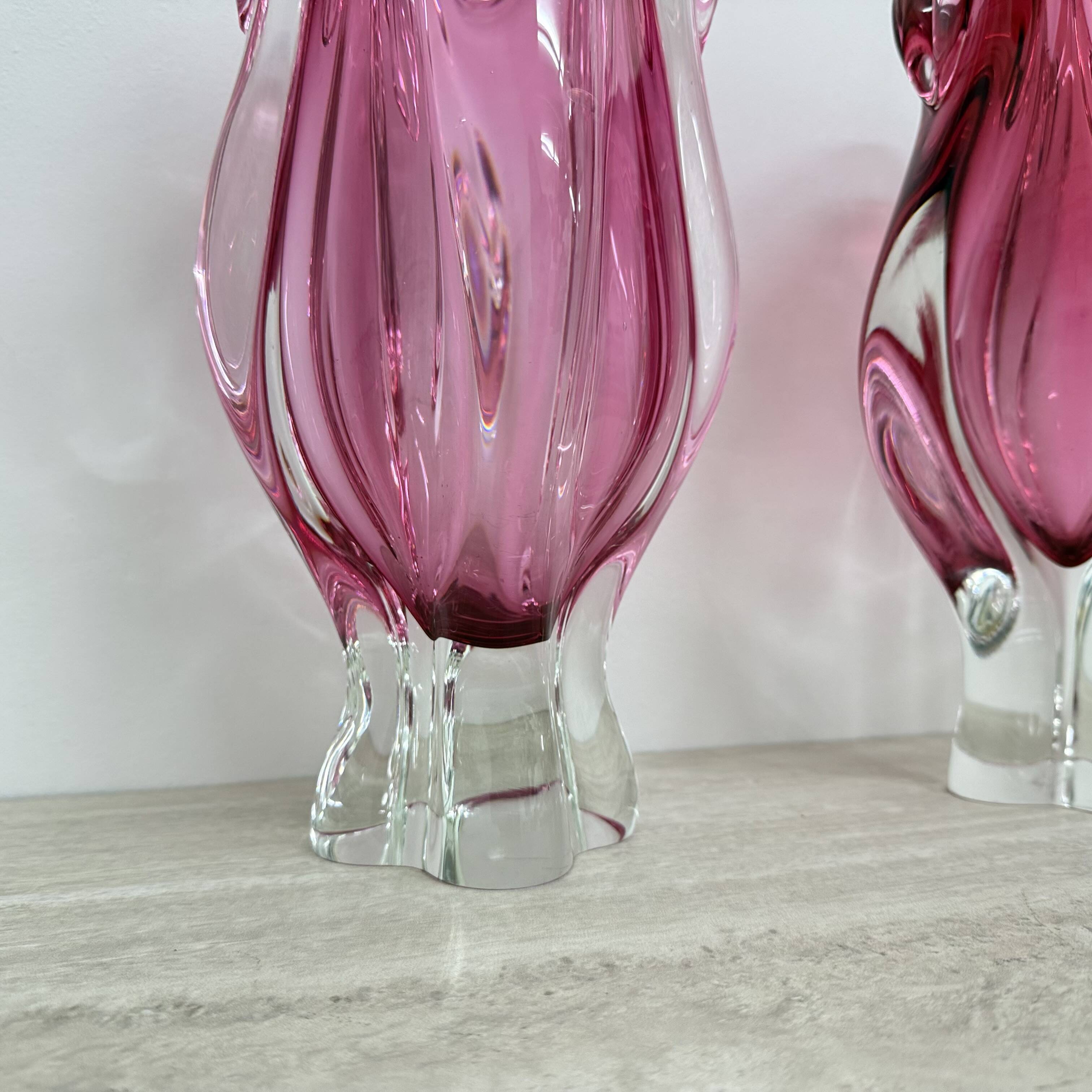 Pair of pink murano glass hand made vases , 1970’s Italy