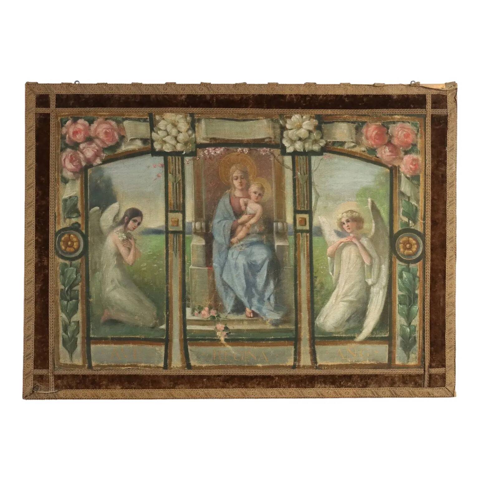 Old painting on canvas with a religious theme from the 19th-20th century.
