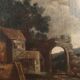 Old painting of landscape and figures, oil on canvas, 18th century.