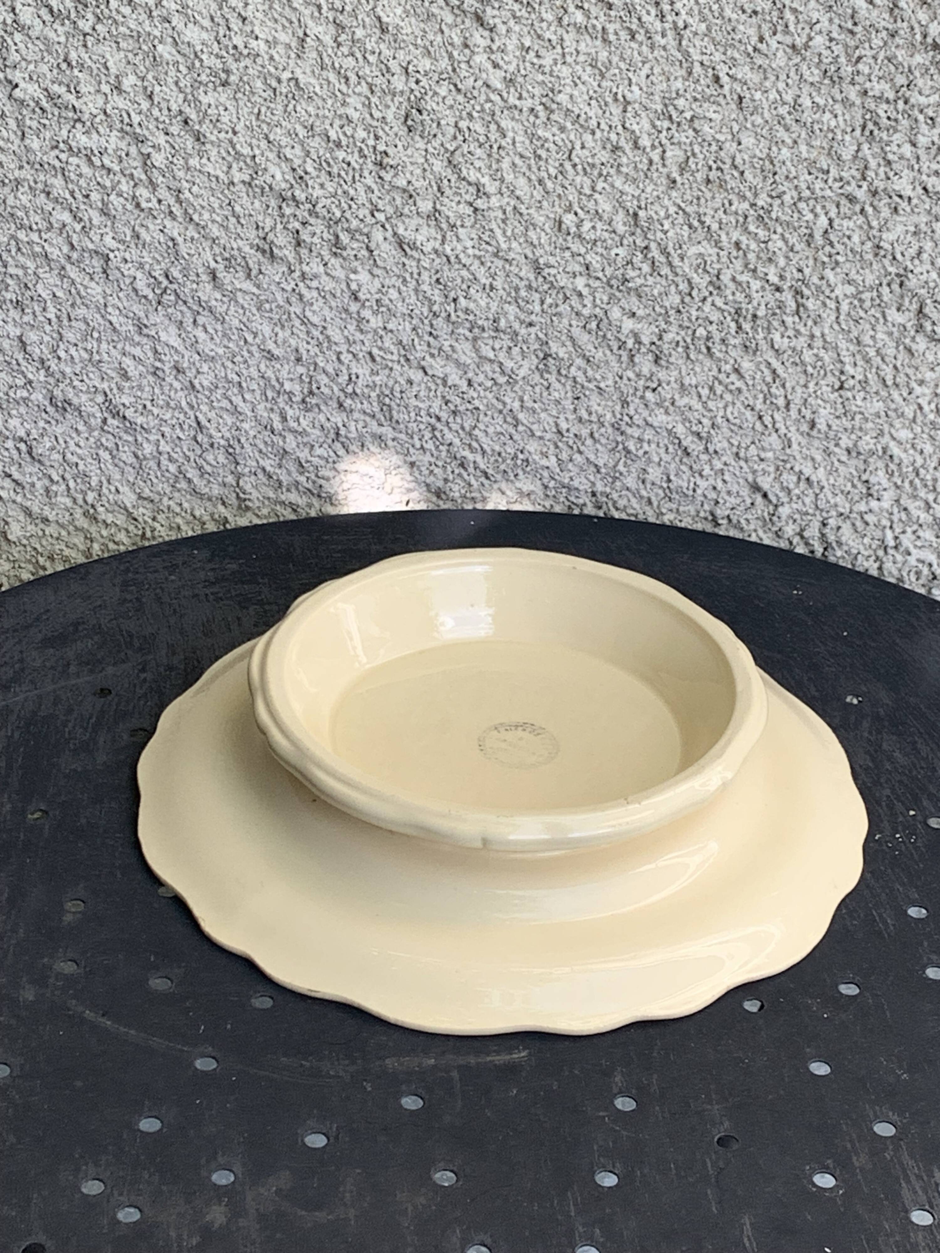 Compotier, earthenware from Longchamp France, enameled ceramic, slip, ecru, old