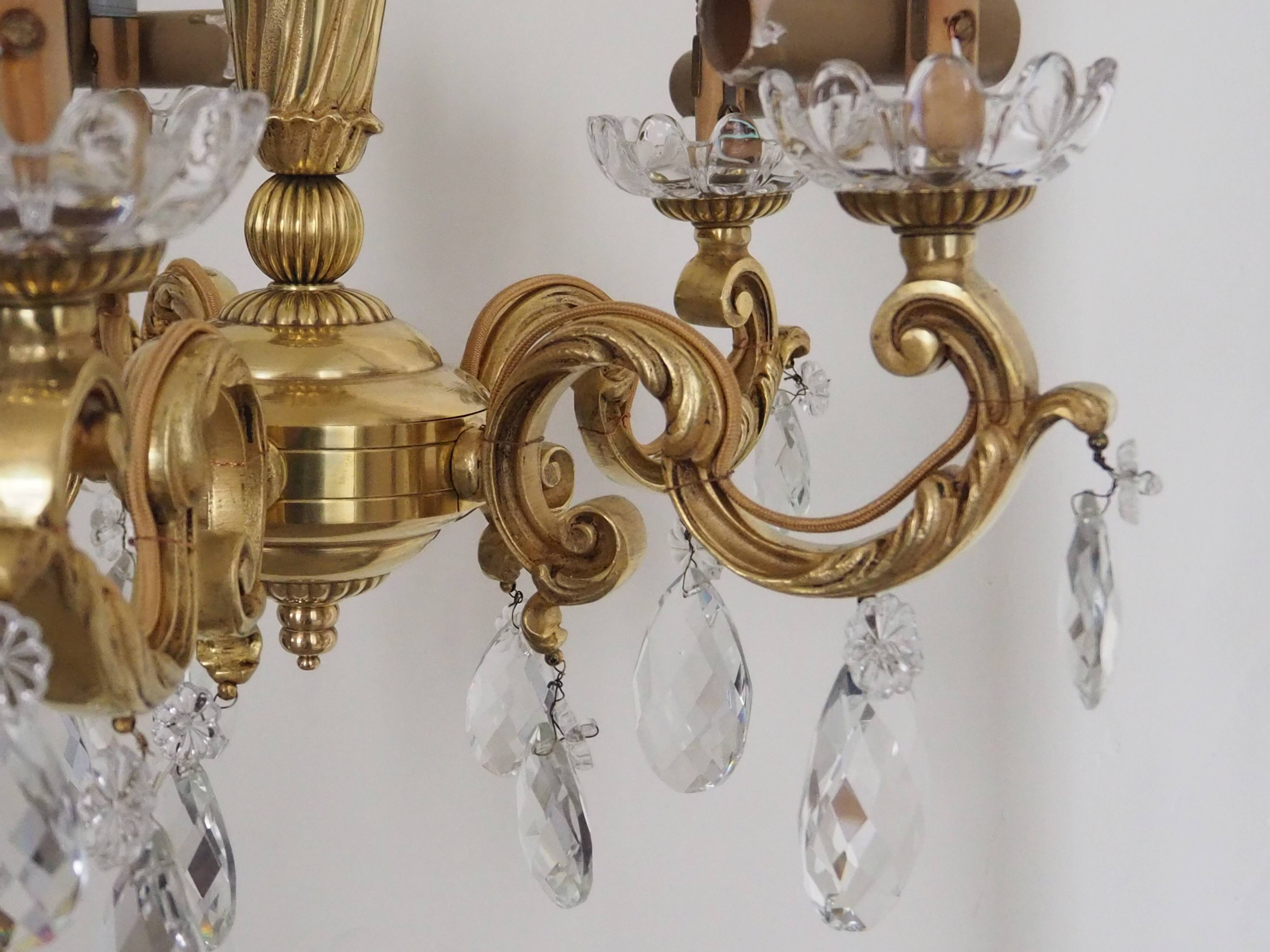 Solid bronze chandelier with crystal pendants and candle holders - Lucien GAU