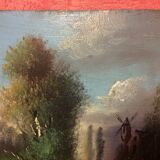 Pair Old Oil Table on Panel View River 19th Vintage Campaign