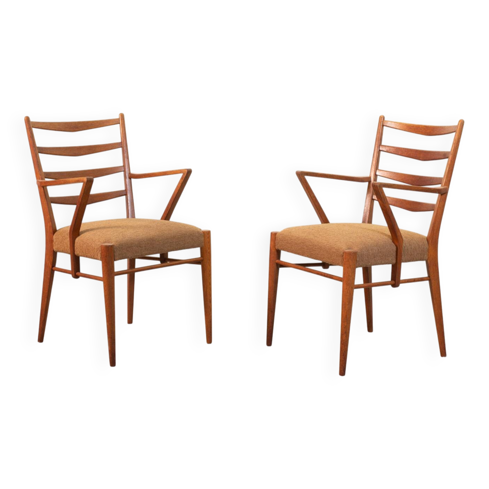 Cees Braakman Dutch Design Wooden Ladder Arm Chairs & Caramel Bouclé Fabric