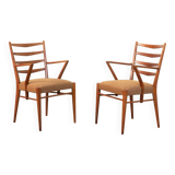 Cees Braakman Dutch Design Wooden Ladder Arm Chairs & Caramel Bouclé Fabric