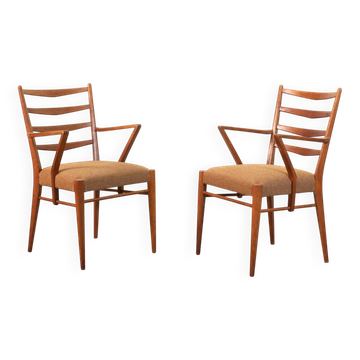 Cees Braakman Dutch Design Wooden Ladder Arm Chairs & Caramel Bouclé Fabric