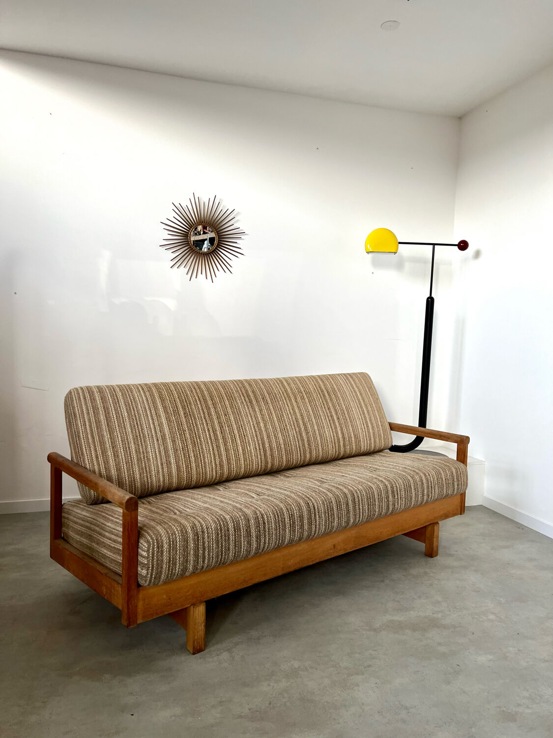 Old wooden sofa vintage brutalist design 60s