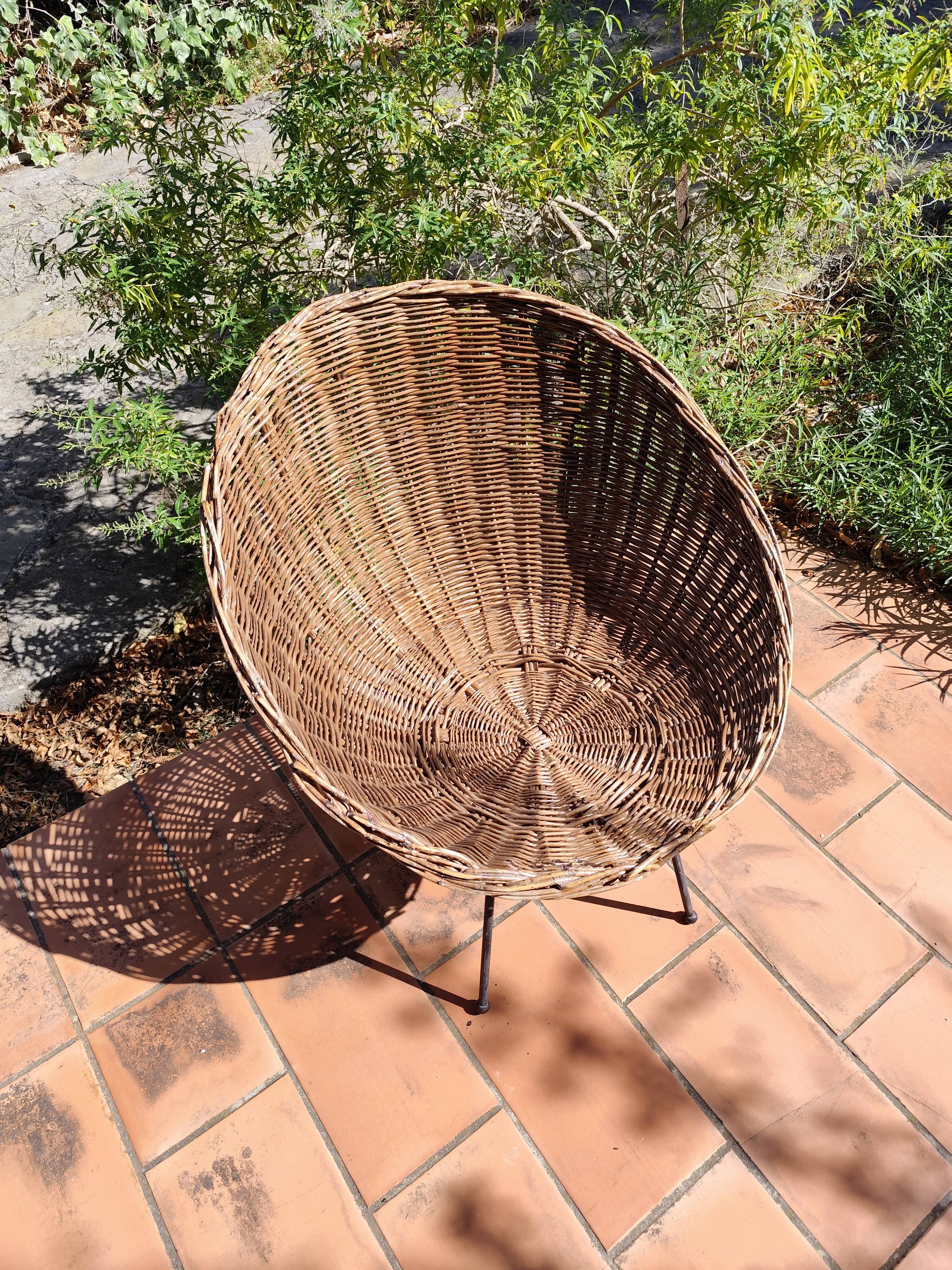 Vintage 1950s rattan and wrought iron basket armchair