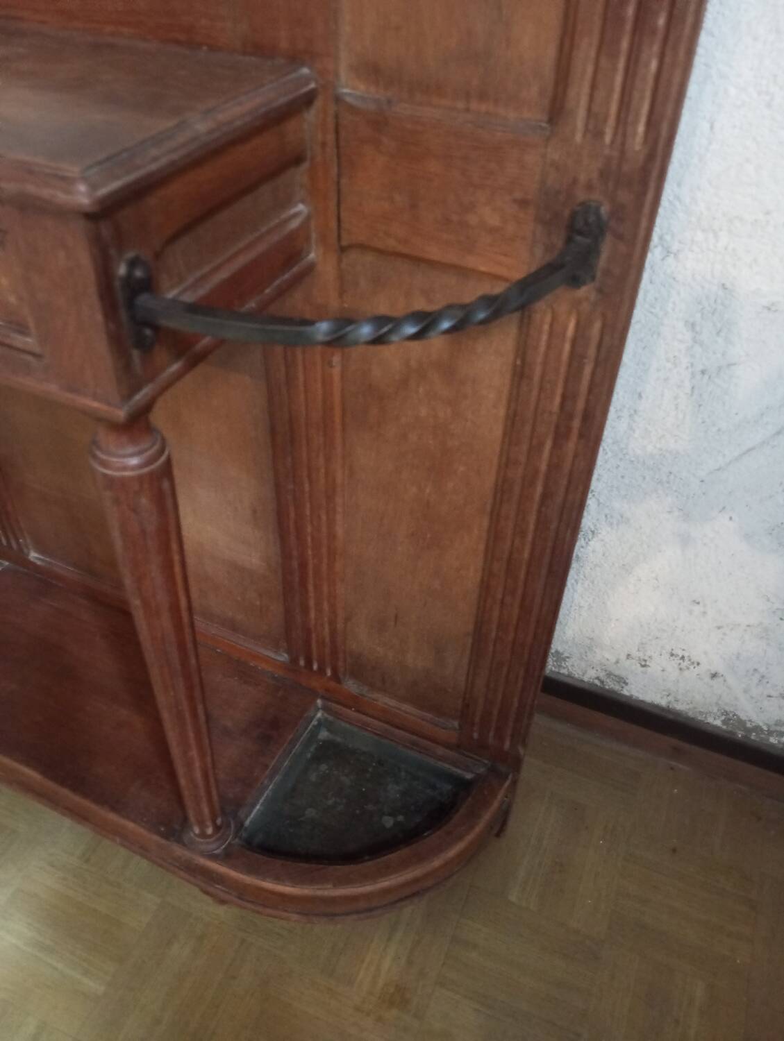 Oak and wrought iron coat rack from around 1900.