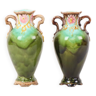Vases Art Nouveau Barbotine Majolique Français Faïence Antique 19cm