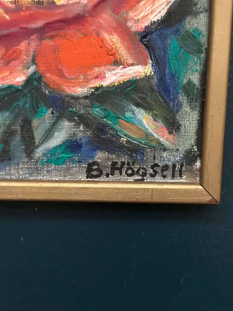 Original Swedish Oil on Canvas – “Yellow Rose” by B. Högsk – Signed – Vintage & Framed – 33 × 33 cm (13" × 13")
