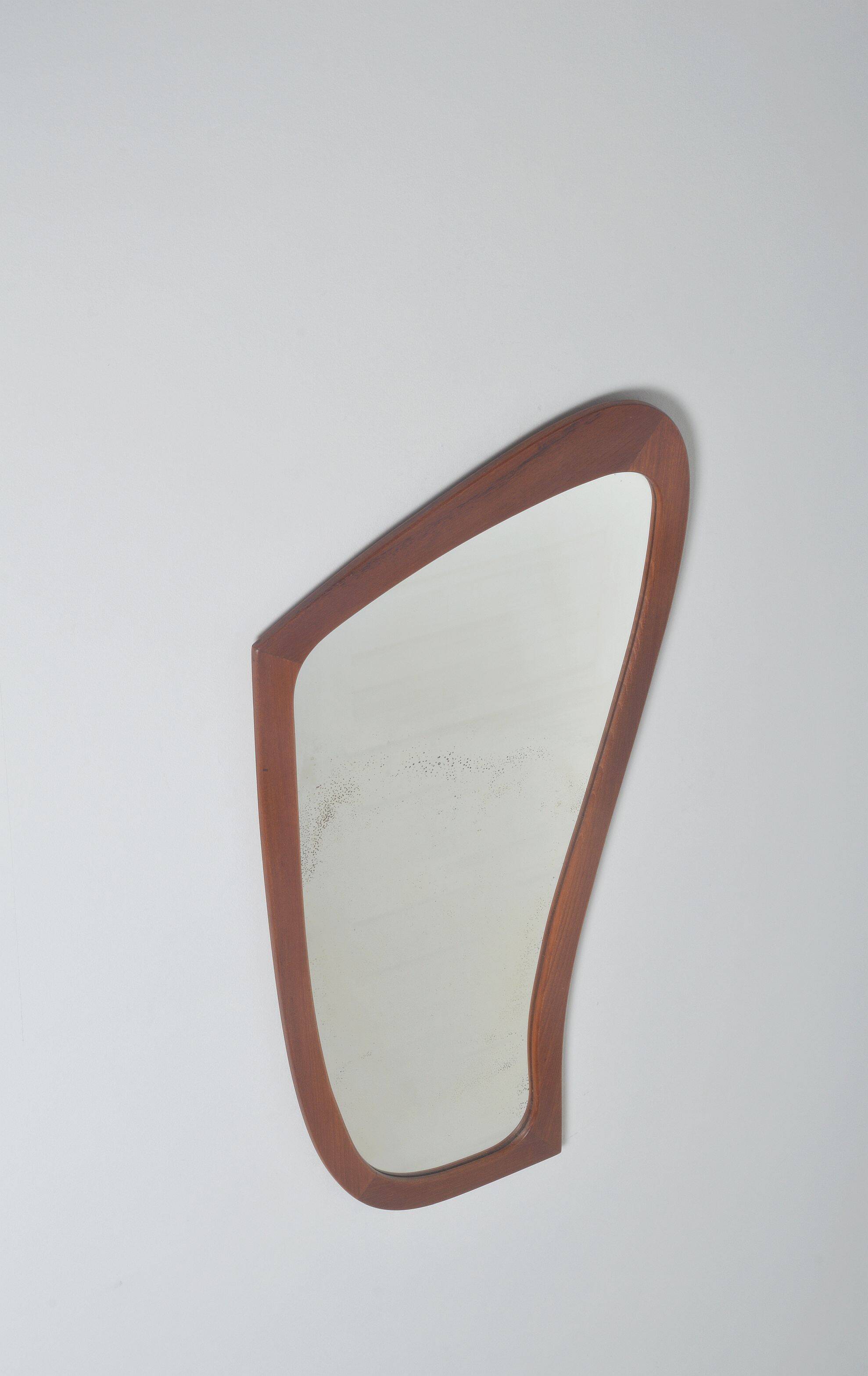 Danish mirror with teak edge and organic design, 1950s