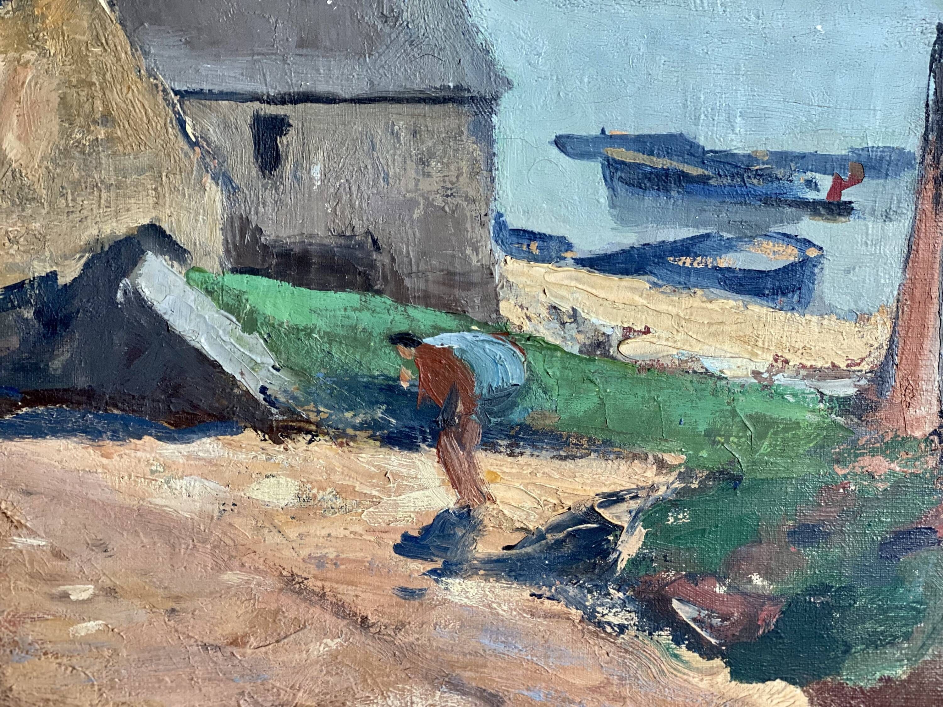 Painting by Paul Morchain, village on the Breton coast (Finistère) and fisherman