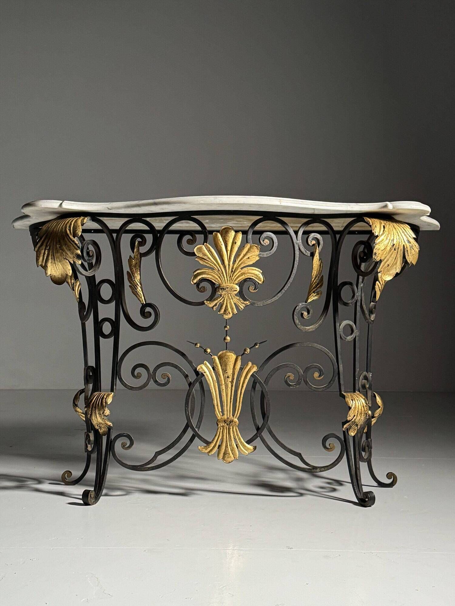 Table console en fer forgé avec marbre, années 1950