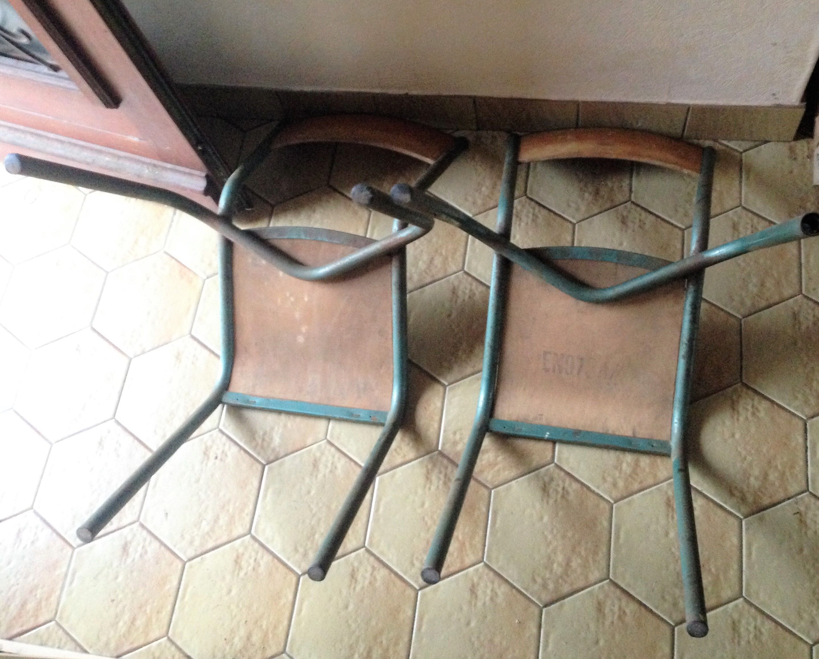 Pair of chairs school workshop wood and metal tubular