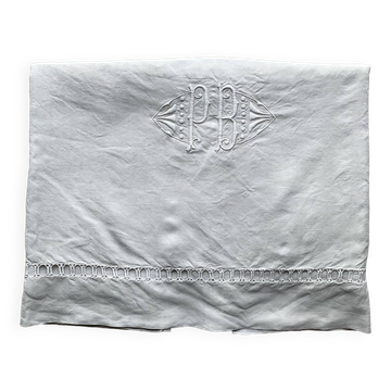 Drap ancien en lin brodé main