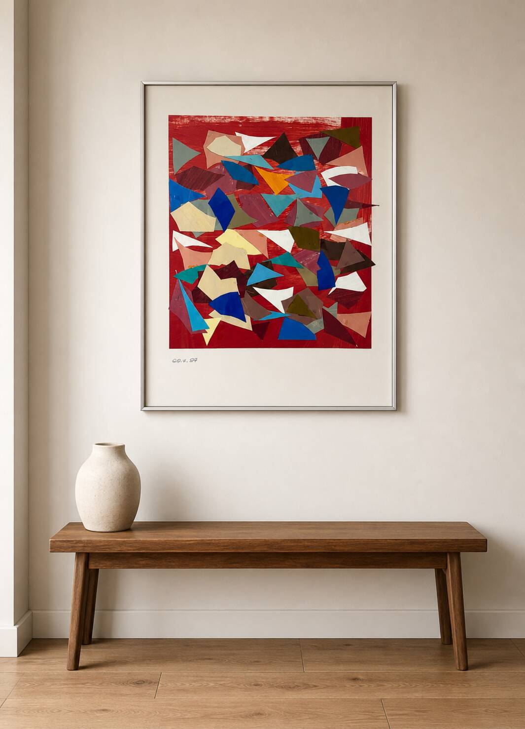 Helmut Dittmann – Geometric Abstract Collage, Vivid Multicolour on Red 1987