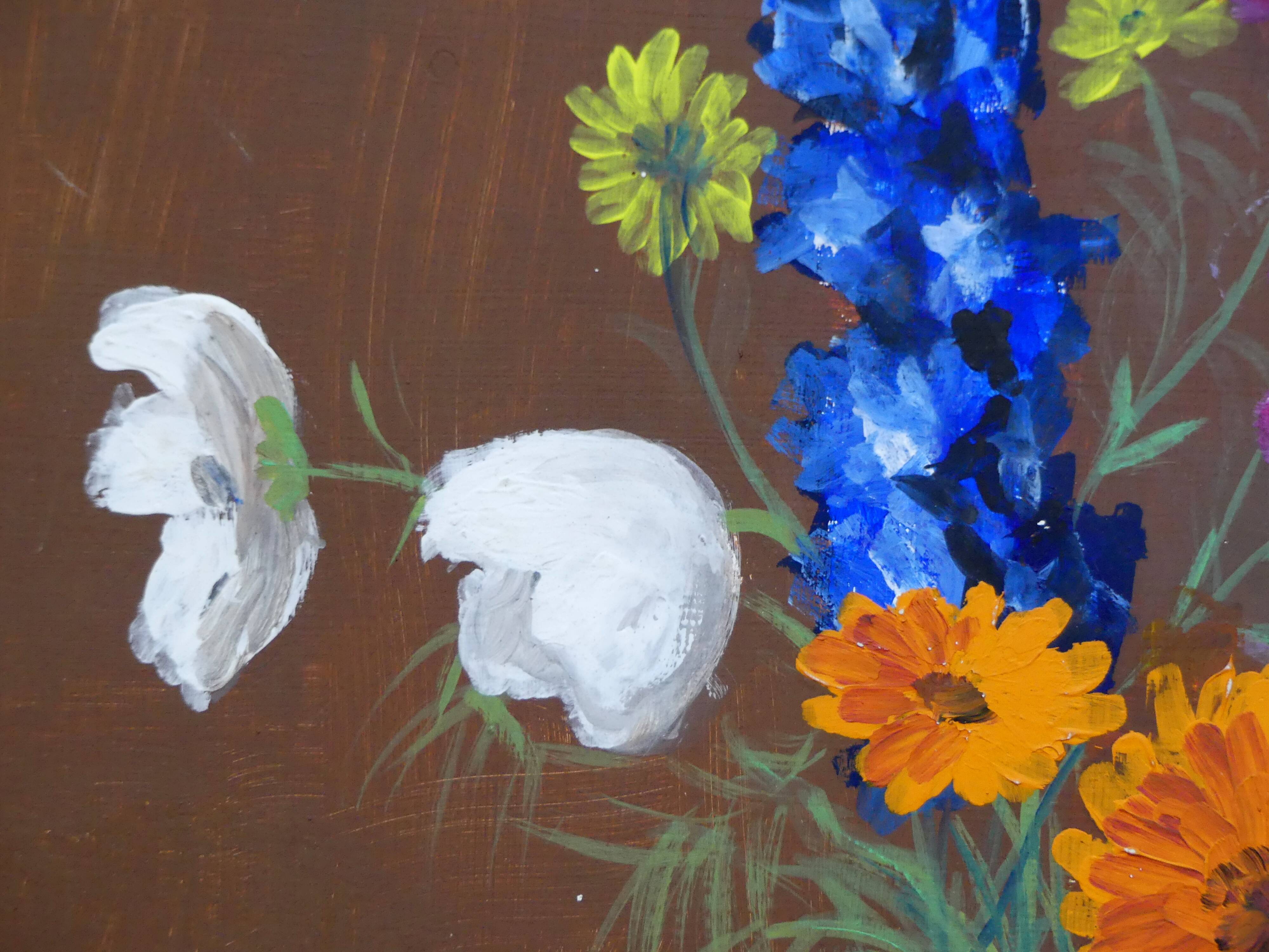 Painting colorful flowers on hardboard still life signed framed