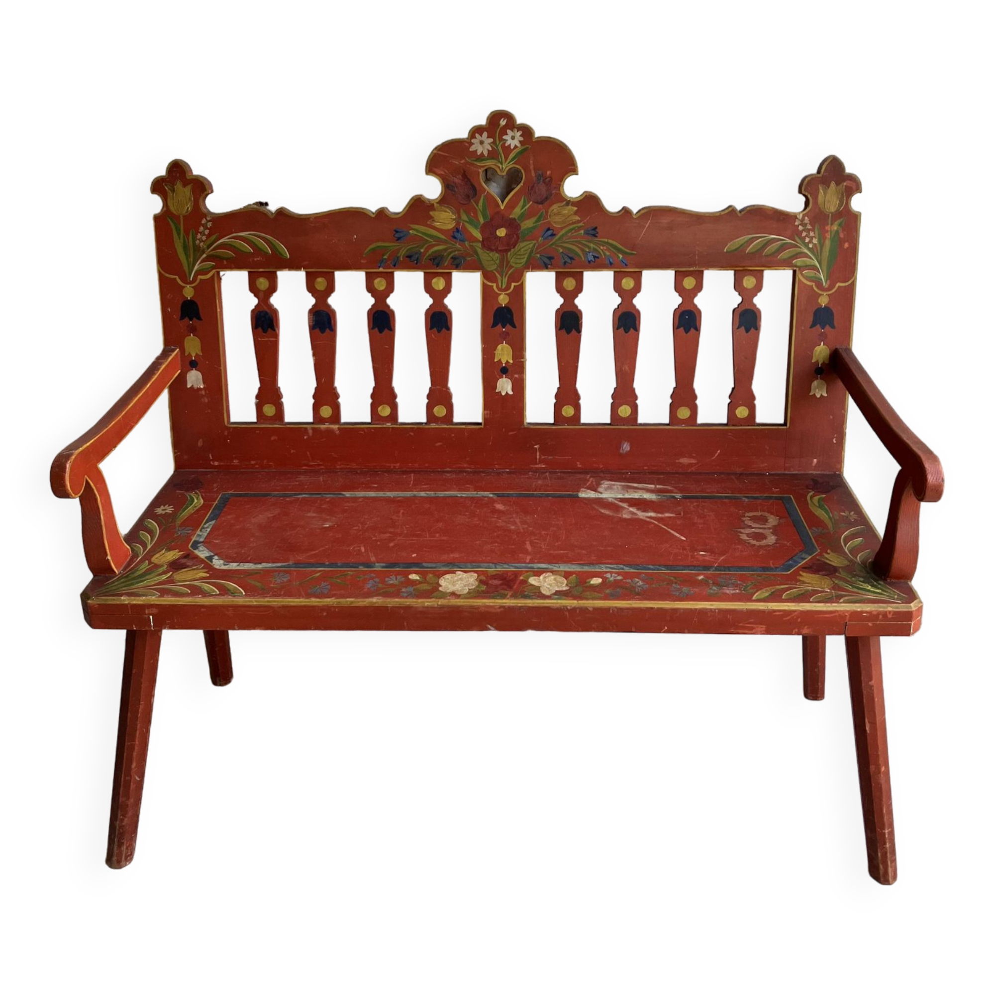 Folk bench in painted wood - Eastern Europe probably Hungary - early 20th century