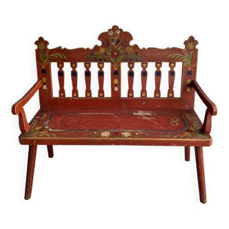Folk bench in painted wood - Eastern Europe probably Hungary - early 20th century