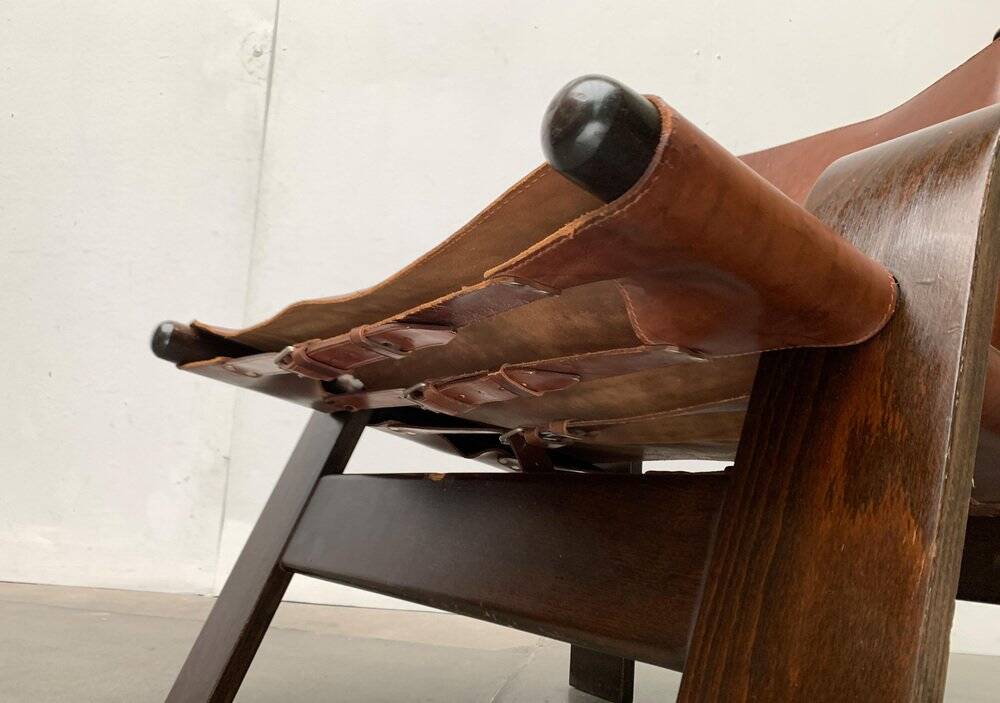 Brutalist Mid-Century Safari Armchair in Wood and Leather, 1960s