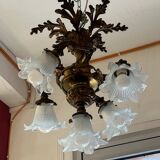 Solid bronze chandelier with moving arms, 19th century, opalescent tulips
