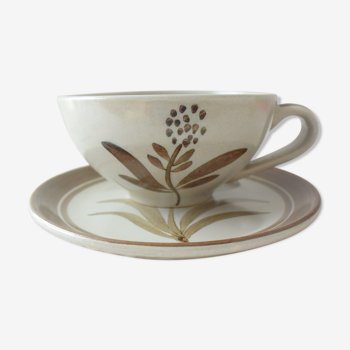 Lunch cup and saucer longchamp in glazed sandstone décor flower year 60