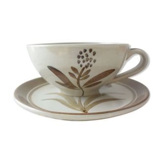 Déjeuner tasse et soucoupe longchamp en grès vernissé décor fleur année 60