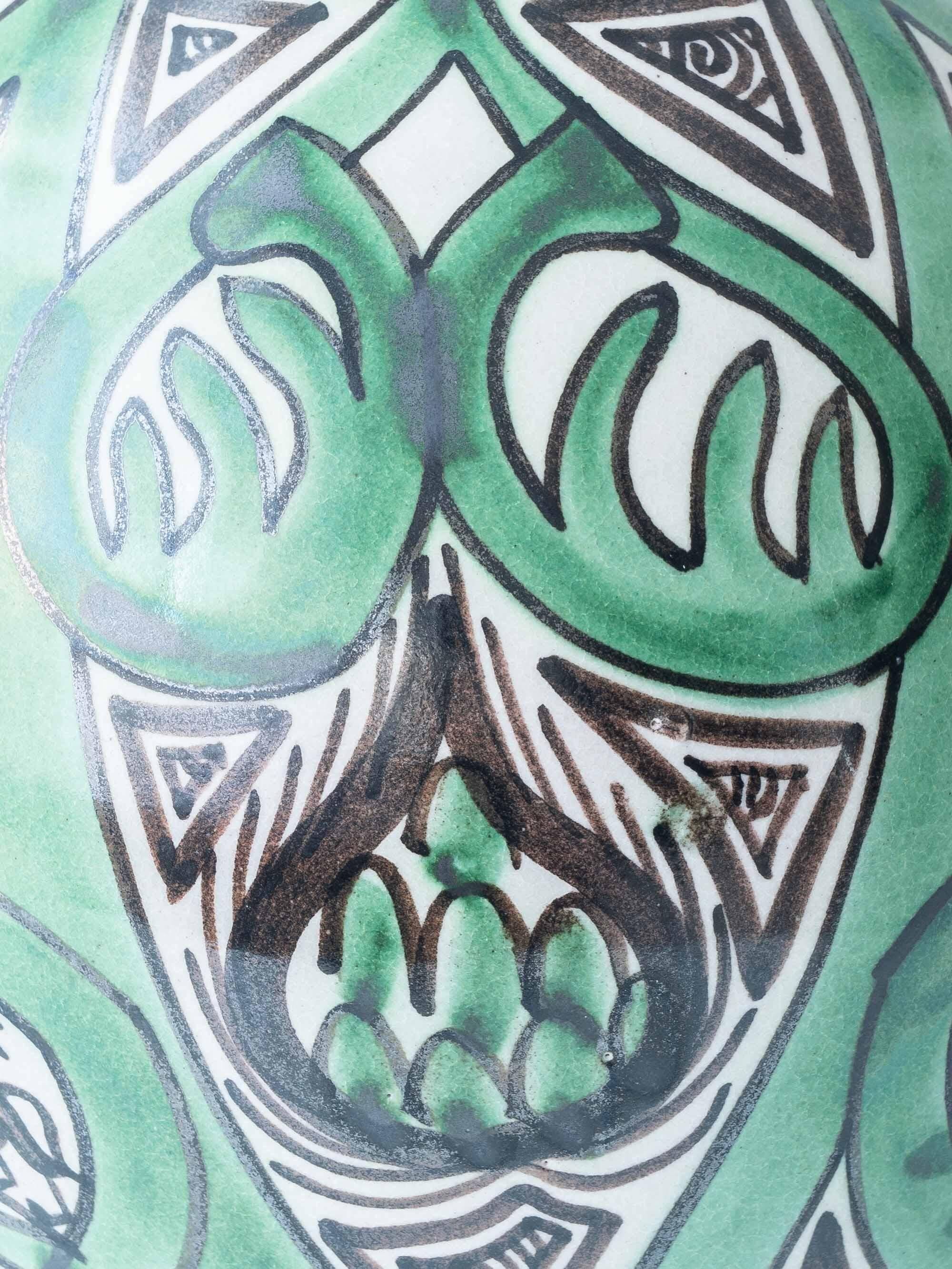 Spanish ceramic pitcher from the mid-century Mudéjar style in green and black, Punter.