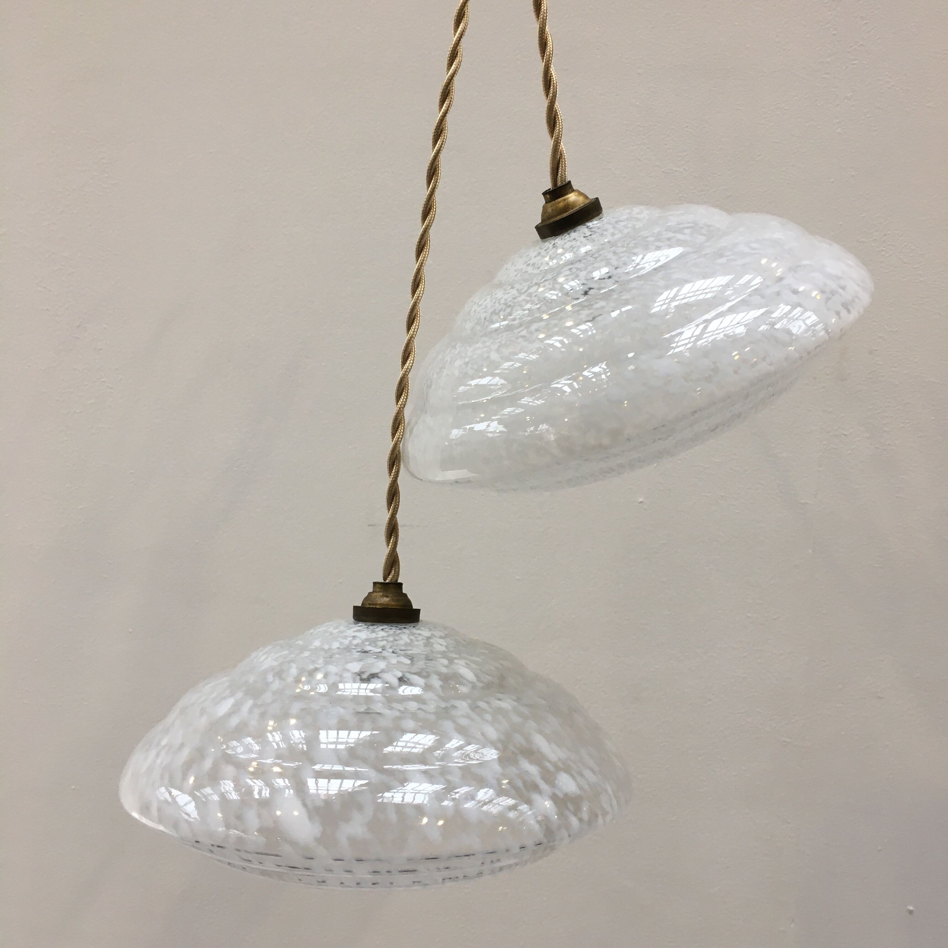 Pair of art deco suspensions in white Clichy glass