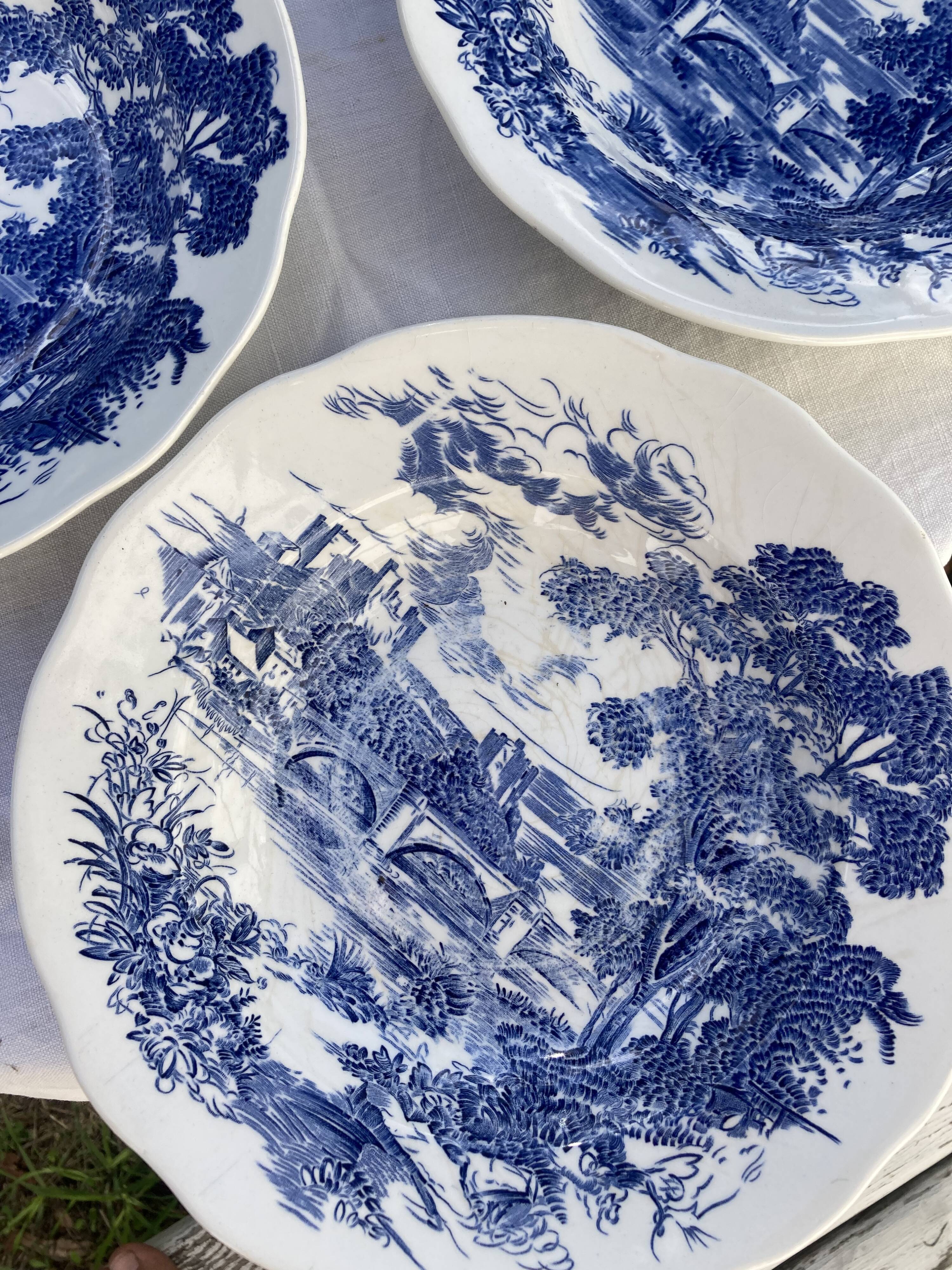 5 hollow plates / earthenware soup Gien Enoch Wedgwood style blue iron earth - vintage model