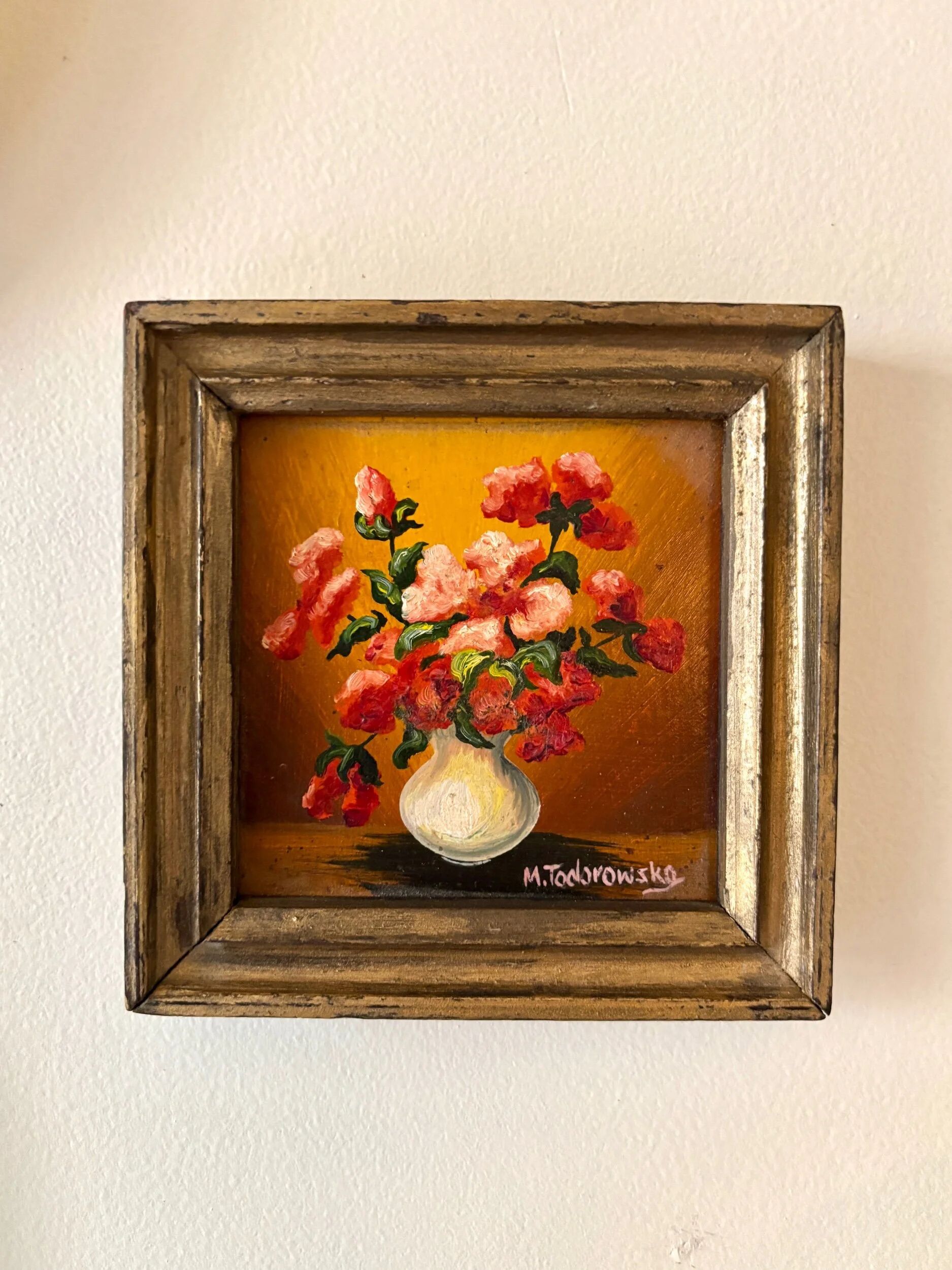 Framed painting on wood - red flowers