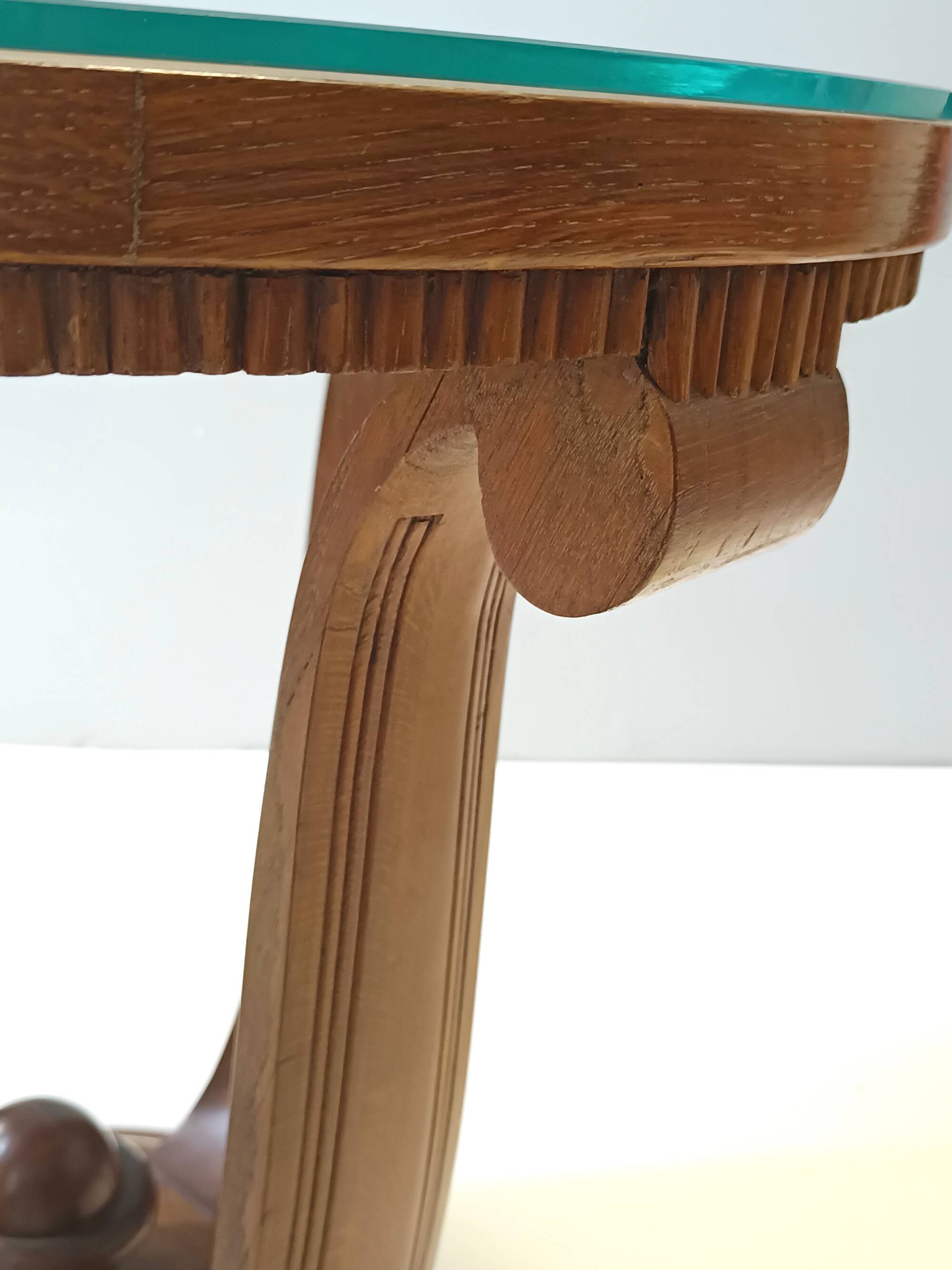 Art Deco Round Oak Durmast and Glass Coffee Table, Italy