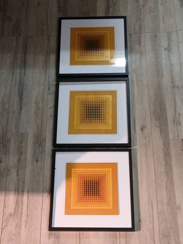 Triptyque Art Optique - 3 Tableaux Vintage - Victor Vasarely - Cadres