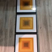 Optical Art Triptych - 3 Vintage Paintings - Victor Vasarely - Frames