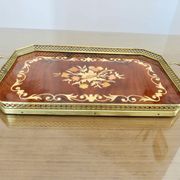 Octagonal tray in marquetry and brass, Italy, Art Deco 1940s 1950s