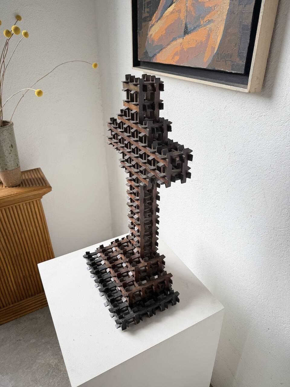 Crucifix sculpture Tramp Art 1900