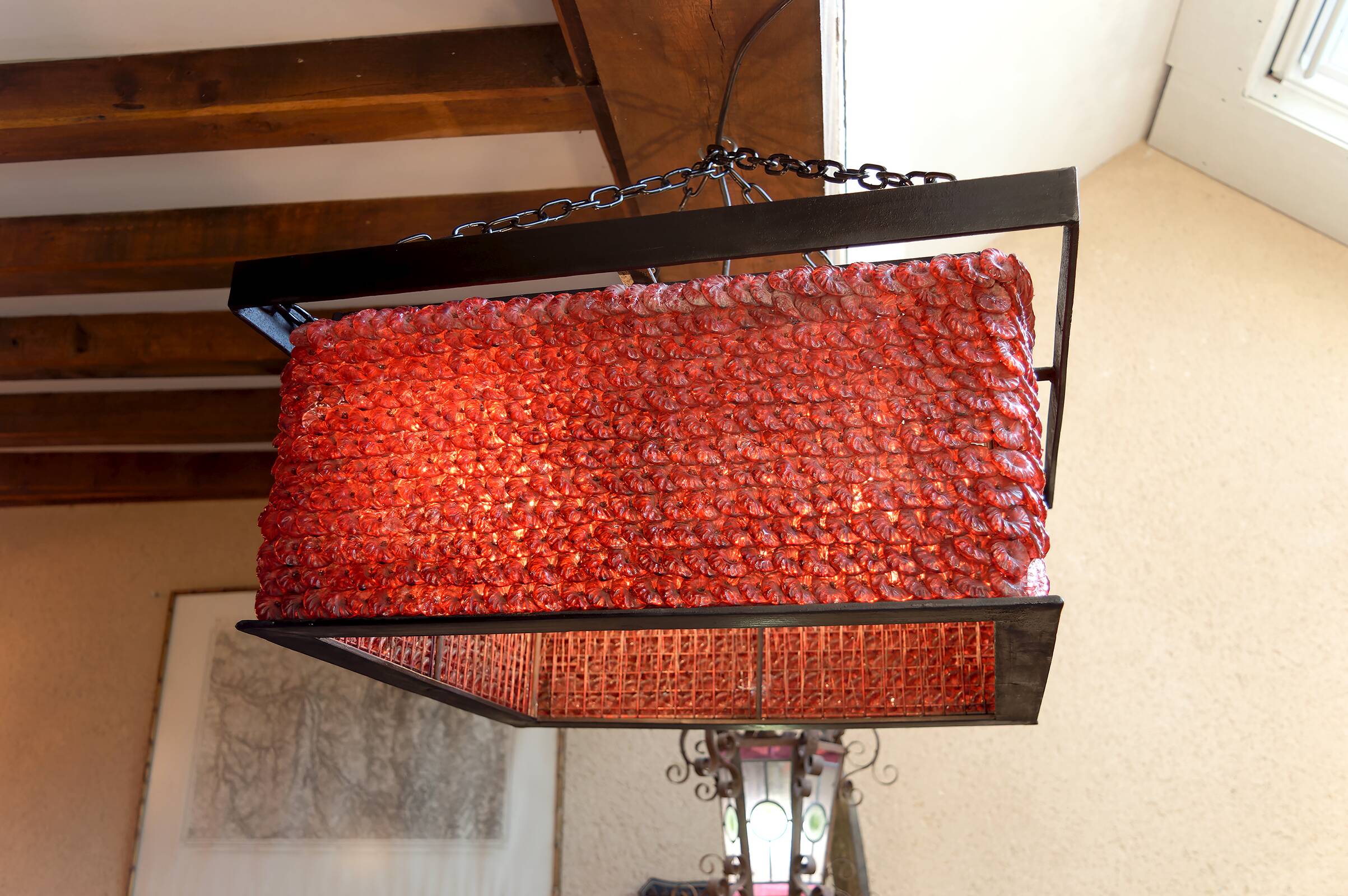 Important Red Glass Bead Chandelier, Murano, Brutalism, c. 1970