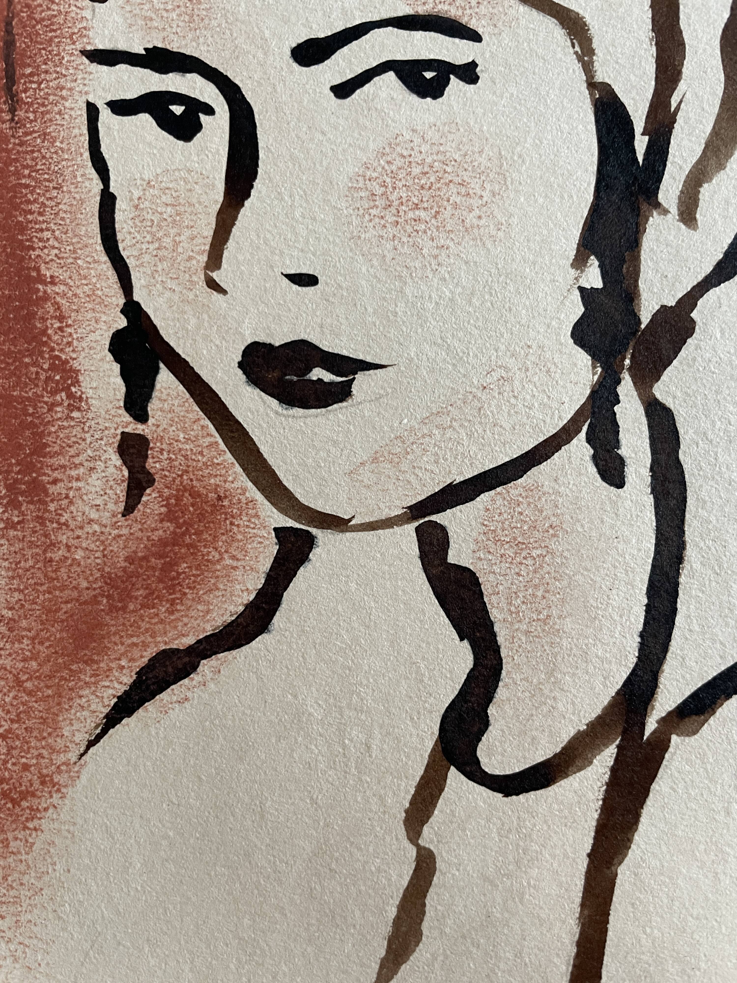 Painting signed Indian ink and pastel female portrait “study with headdress”