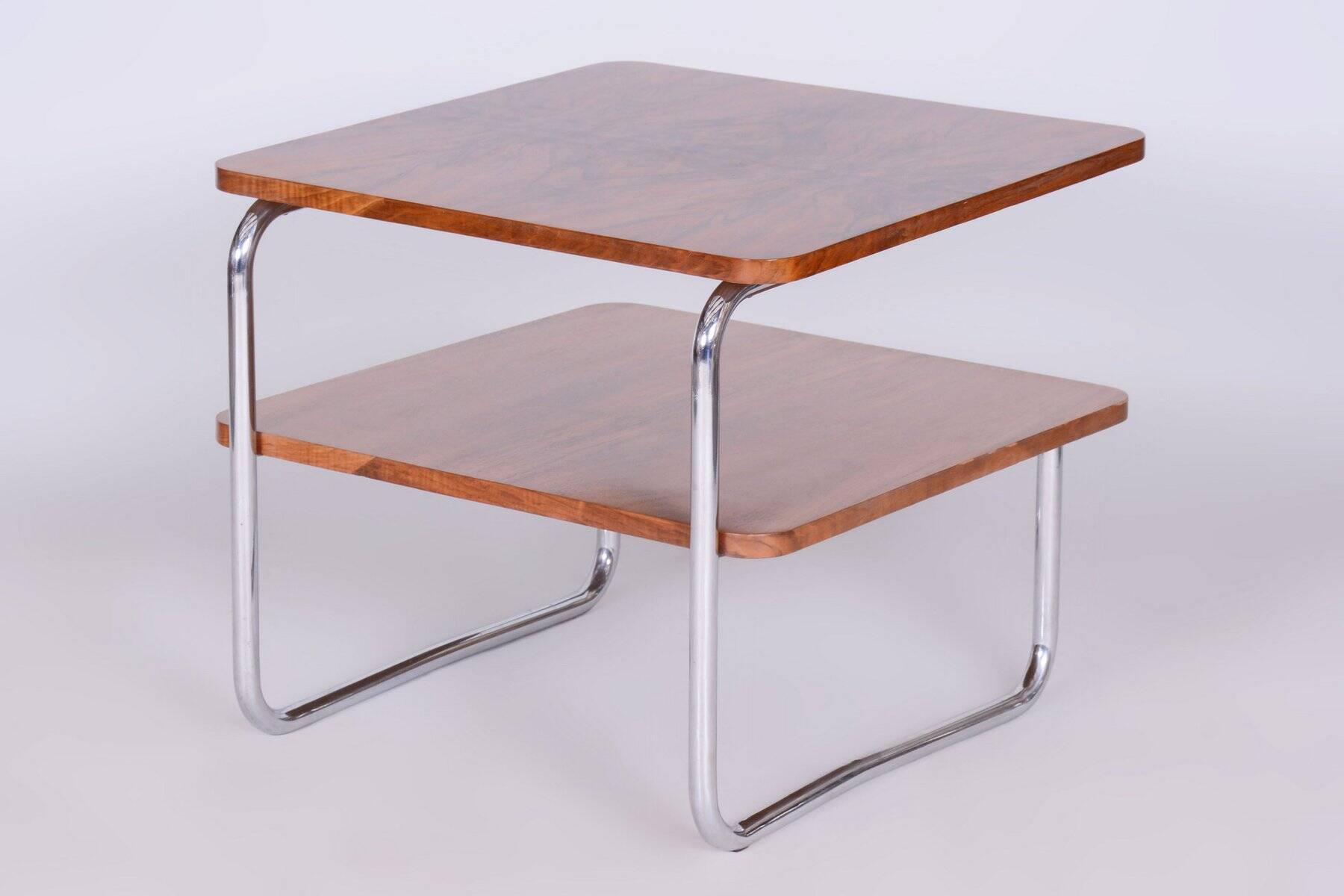 Bauhaus Side Table in Caucasian Walnut and Chrome-Plated Steel, 1930s