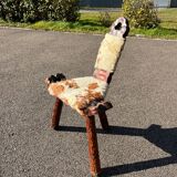 Vintage brutalist tripod chair in wood and leather