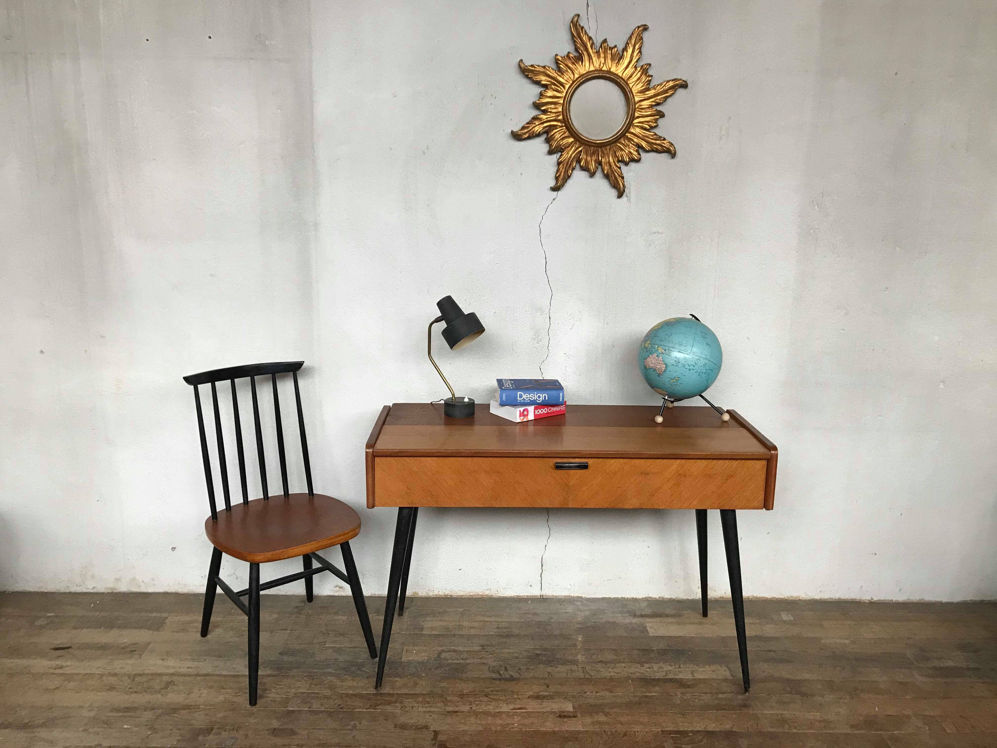 Bureau tricoteuse en teck vintage pieds compas fuseaux noir 1950 1960 style scandinave