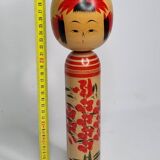 Traditional Japanese Kokeshi Doll Signed Hand Painted with Flower Decor, 31cm