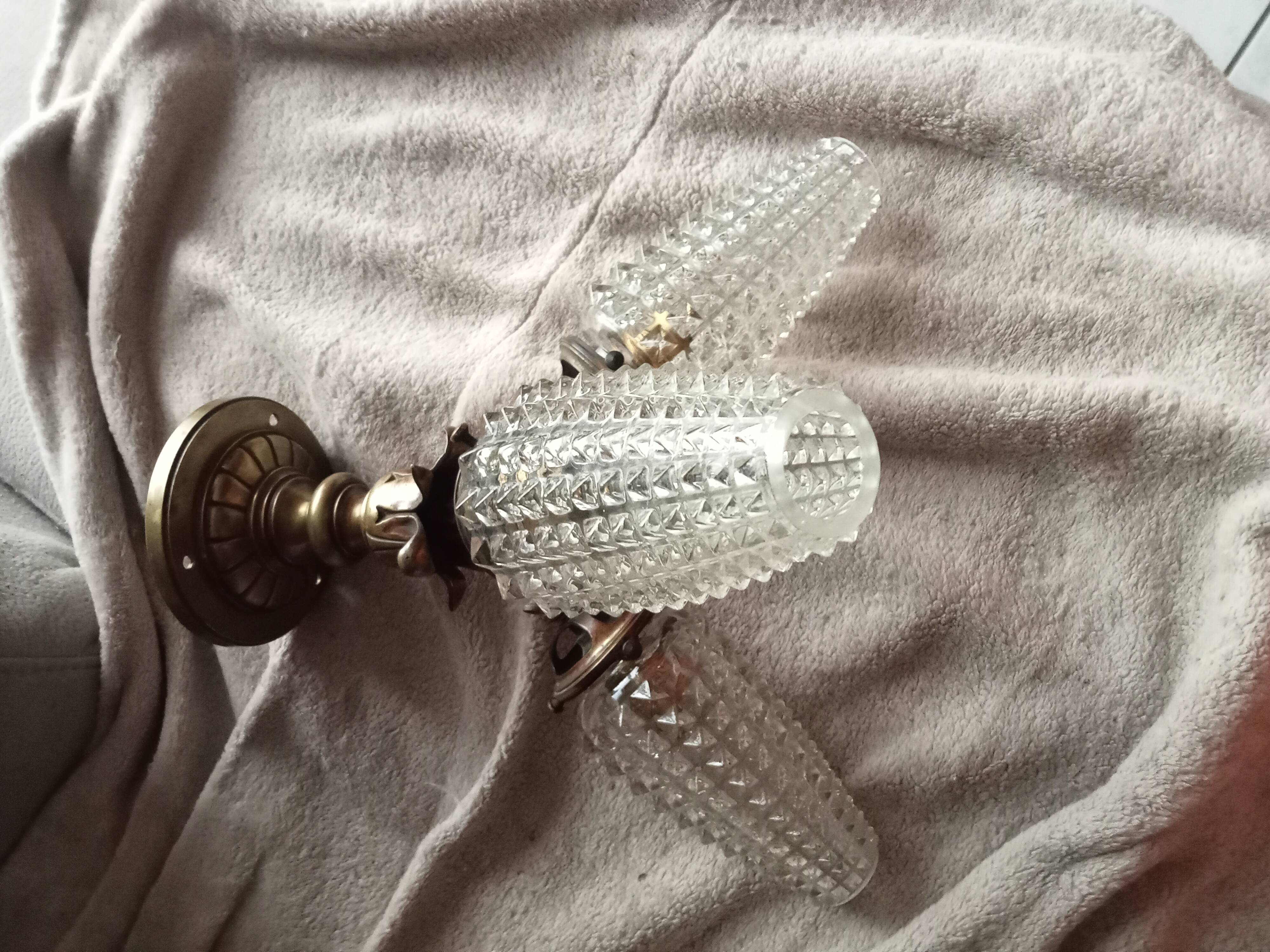 Vintage brass wall/ceiling light with 3 arms / moulded glass