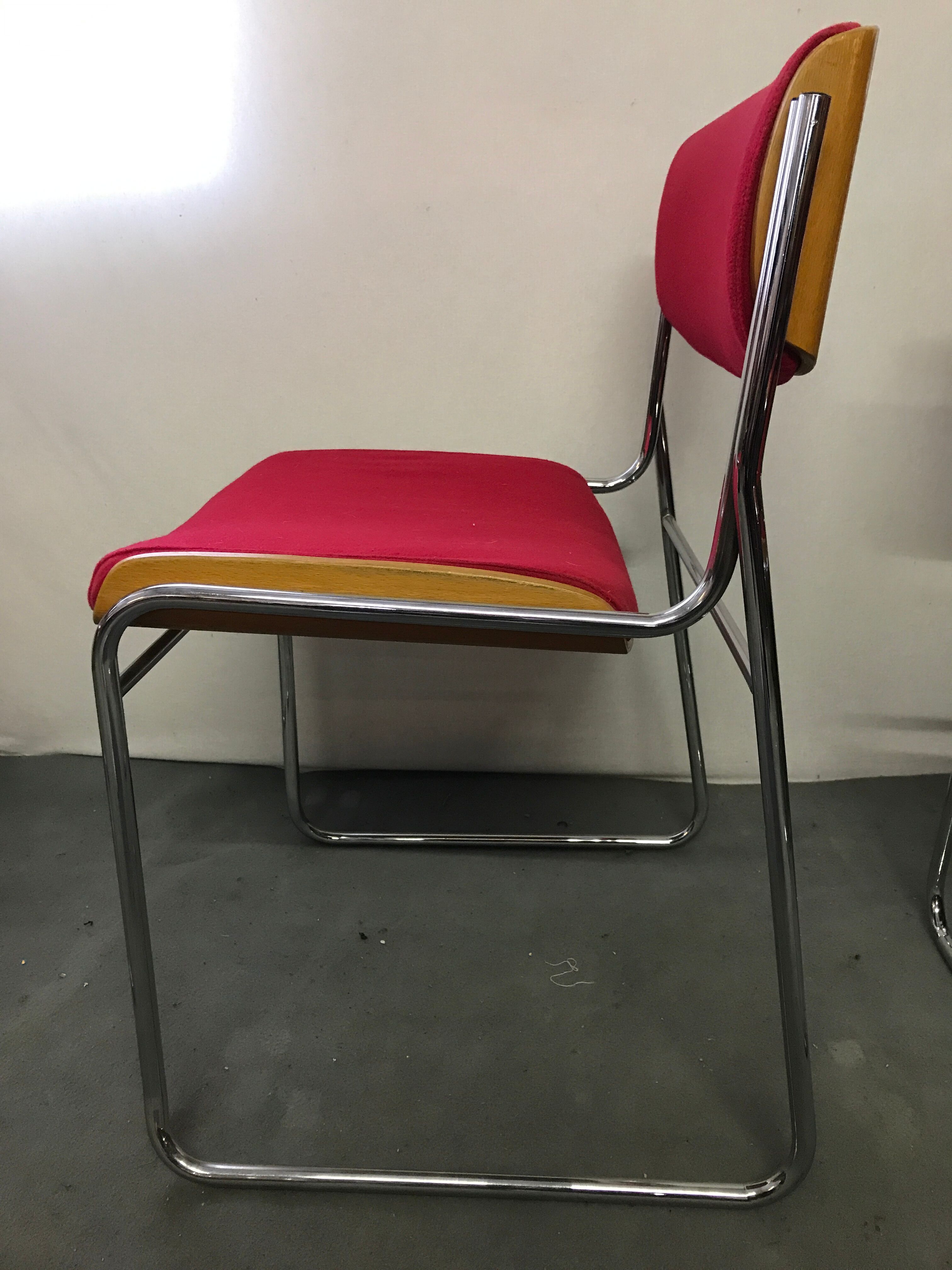 6 chrome chairs wood and red wool